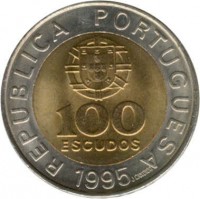 Portugal coin 100 Escudos - 50th Anniversary of F.A.O. (1995) obverse obverse of 100 Escudos - 50th Anniversary of F.A.O. (1995) coin with KM# 678 from Portugal. Inscription: REPUBLICA PORTUGUESA 100 ESCUDOS 1995 J.CANDIDO