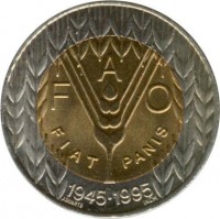 reverse of 100 Escudos - 50th Anniversary of F.A.O. (1995) coin with KM# 678 from Portugal. Inscription: F A O FIAT PANIS 1945•1995 J.DUARTE INCM