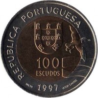 obverse of 100 Escudos - Lisbon World Expo '98: Monk Seal (1997) coin with KM# 693 from Portugal. Inscription: REPUBLICA PORTUGESA 100 ESCUDOS INCM 1997 VITOR SANTOS
