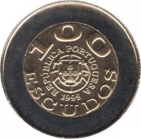 obverse of 100 Escudos - UNICEF (1991) coin with KM# 722 from Portugal. Inscription: 100 REPUBLICA PORTUGUESA 1999 ESCUDOS