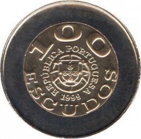 Portugal coin 100 Escudos - UNICEF (1991) obverse obverse of 100 Escudos - UNICEF (1991) coin with KM# 722 from Portugal. Inscription: 100 REPUBLICA PORTUGUESA 1999 ESCUDOS