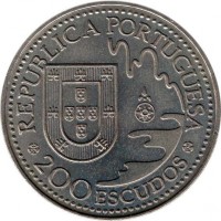 obverse of 200 Escudos - First portugueses in Tanegeshima island (1993) coin with KM# 665 from Portugal. Inscription: REPUBLICA PORTUGUESA 200 ESCUDOS
