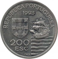 obverse of 200 Escudos - The Japanese Mission to Europe, 1582-1590 (1993) coin with KM# 667 from Portugal. Inscription: REPUBLICA PORTUGUESA 1993 200 ESC S.MACHADO INCM