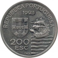 Portugal coin 200 Escudos - The Japanese Mission to Europe, 1582-1590 (1993) obverse obverse of 200 Escudos - The Japanese Mission to Europe, 1582-1590 (1993) coin with KM# 667 from Portugal. Inscription: REPUBLICA PORTUGUESA 1993 200 ESC S.MACHADO INCM