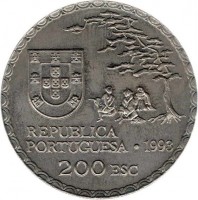 obverse of 200 Escudos - 450th Anniversary of Namban Art (1993) coin with KM# 668 from Portugal. Inscription: REPUBLICA PORTUGUESA · 1993 200 ESC