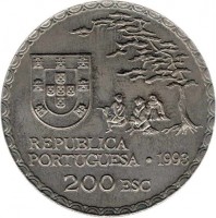 Portugal coin 200 Escudos - 450th Anniversary of Namban Art (1993) obverse obverse of 200 Escudos - 450th Anniversary of Namban Art (1993) coin with KM# 668 from Portugal. Inscription: REPUBLICA PORTUGUESA · 1993 200 ESC