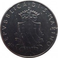 San Marino coin 100 Lire - Institutional Organs of the State (1979) obverse obverse of 100 Lire - Institutional Organs of the State (1979) coin with KM# 95 from San Marino. Inscription: REPVBBLICA. DI. S. MARINO LIBERTA