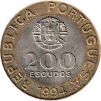 Portugal coin 200 Escudos - Lisbon: 1994 European Culture Capital (1994) obverse obverse of 200 Escudos - Lisbon: 1994 European Culture Capital (1994) coin with KM# 669 from Portugal. Inscription: REPUBLICA PORTUGUESA 200 ESCUDOS 1994 J. CANDIDO