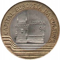 Portugal coin 200 Escudos - Lisbon: 1994 European Culture Capital (1994) reverse reverse of 200 Escudos - Lisbon: 1994 European Culture Capital (1994) coin with KM# 669 from Portugal. Inscription: CAPITAL EUROPEIA DA CULTURA LISBOA 94 ISABEL C.-F.BRANCO