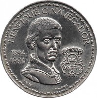 reverse of 200 Escudos - 600th Anniversary of Henry the Navigator (1994) coin with KM# 670 from Portugal. Inscription: HENRIQUE O NAVEGADOR 1394 1994 INCM S.MACHADO