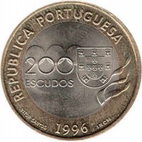 obverse of 200 Escudos - 1996 Summer Olympics, Atlanta (1996) coin with KM# 687 from Portugal. Inscription: REPUBLICA PORTUGUESA 200 ESCUDOS VITOR SANTOS 1996 INCM