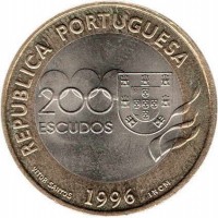 Portugal coin 200 Escudos - 1996 Summer Olympics, Atlanta (1996) obverse obverse of 200 Escudos - 1996 Summer Olympics, Atlanta (1996) coin with KM# 687 from Portugal. Inscription: REPUBLICA PORTUGUESA 200 ESCUDOS VITOR SANTOS 1996 INCM