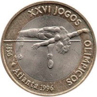 Portugal coin 200 Escudos - 1996 Summer Olympics, Atlanta (1996) reverse reverse of 200 Escudos - 1996 Summer Olympics, Atlanta (1996) coin with KM# 687 from Portugal. Inscription: XXVI JOGOS OLIMPICOS 1896 Atlanta 1996
