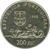 obverse of 200 Escudos - 500th Anniversary of Portuguese Colony in Mozambique (1998) coin with KM# 711 from Portugal. Inscription: REPUBLICA PORTUGUESA 1998 200 ESC