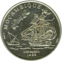 reverse of 200 Escudos - 500th Anniversary of Portuguese Colony in Mozambique (1998) coin with KM# 711 from Portugal. Inscription: MOÇAMBIQUE E.BYRNE INCM 2 DE MARÇO 1498