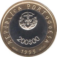obverse of 200 Escudos - UNICEF for Children with disabilities (1999) coin with KM# 720 from Portugal. Inscription: REPÚBLICA PORTUGUESA 200$00 INCM 1999 MENÉRES