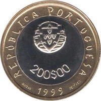 Portugal coin 200 Escudos - UNICEF for Children with disabilities (1999) obverse obverse of 200 Escudos - UNICEF for Children with disabilities (1999) coin with KM# 720 from Portugal. Inscription: REPÚBLICA PORTUGUESA 200$00 INCM 1999 MENÉRES