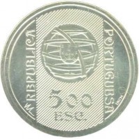 obverse of 500 Escudos - 150th Anniversary to Bank of Portugal (1996) coin with KM# 702 from Portugal. Inscription: REPUBLICA PORTUGUESA 500 ESC. INCM