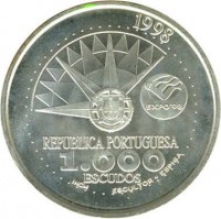 Portugal coin 1000 Escudos - International Year of the Oceans Expo (1998) obverse obverse of 1000 Escudos - International Year of the Oceans Expo (1998) coin with KM# 707 from Portugal. Inscription: 1998 EXPO'98 REPUBLICA PORTUGUESA 1.000 ESCUDOS INCM ESCULTOR ESPIGA