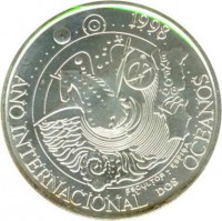 Portugal coin 1000 Escudos - International Year of the Oceans Expo (1998) reverse reverse of 1000 Escudos - International Year of the Oceans Expo (1998) coin with KM# 707 from Portugal. Inscription: 1998 EXPO '98 ESCULTOR ESPIGA ANO INTERNACIONAL DOS OCEANOS