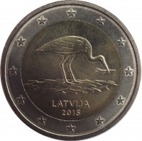 obverse of 2 Euro - Stork (2015) coin with KM# 171 from Latvia. Inscription: LATVIA 2015