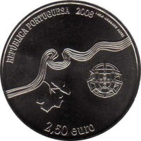 obverse of 2.5 Euro - A UNESCO World Heritage: Alto Douro Wine Region (2008) coin with KM# 825 from Portugal. Inscription: REPÚBLICA PORTUGUESA 2008 INCM - ARMANDO ALVES 2,50 euro