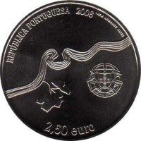 Portugal coin 2.5 Euro - A UNESCO World Heritage: Alto Douro Wine Region (2008) obverse obverse of 2.5 Euro - A UNESCO World Heritage: Alto Douro Wine Region (2008) coin with KM# 825 from Portugal. Inscription: REPÚBLICA PORTUGUESA 2008 INCM - ARMANDO ALVES 2,50 euro