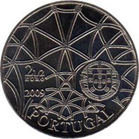 Portugal coin 2.5 Euro - A UNESCO World Heritage: Hieronymites Monastery, View of the ceiling by Diogo de Boitaca (2009) obverse obverse of 2.5 Euro - A UNESCO World Heritage: Hieronymites Monastery, View of the ceiling by Diogo de Boitaca (2009) coin with KM# 792 from Portugal. Inscription: 2½ EURO 2009 PORTUGAL