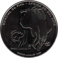 Portugal coin 2.5 Euro - 2010 FIFA World Cup (2010) reverse reverse of 2.5 Euro - 2010 FIFA World Cup (2010) coin with KM# 797 from Portugal. Inscription: MUNDIAL DA FIFA · AFRICA DO SUL 2010 TM CARLOS MARQUES INCM