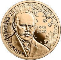 reverse of 200 Złotych - 150th Anniversary of the Birth of Kazimierz Przerwa-Tetmajer (2015) coin with Y# 936 from Poland. Inscription: KAZIMIERZ PRZERWA-TETMAJER 1865 1940