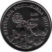 obverse of 2.5 Euro - A UNESCO World Heritage: Vineyard Culture of Pico Island, Azores (2011) coin with KM# 810 from Portugal. Inscription: REPÚBLICA PORTUGUESA 2011 2,50 euro