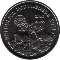 Portugal coin 2.5 Euro - A UNESCO World Heritage: Vineyard Culture of Pico Island, Azores (2011) obverse obverse of 2.5 Euro - A UNESCO World Heritage: Vineyard Culture of Pico Island, Azores (2011) coin with KM# 810 from Portugal. Inscription: REPÚBLICA PORTUGUESA 2011 2,50 euro