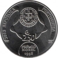 obverse of 2.5 Euro - Jose Saramago (2013) coin with KM# 829 from Portugal. Inscription: 2013 REPÚBLICA PORTUGUESA € 2.50 INCM VICTOR SANTOS PRÉMIO NOBEL 1998