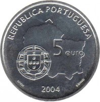 obverse of 5 Euro - A UNESCO World Heritage: Historic City of Evora (2004) coin with KM# 755 from Portugal. Inscription: REPÚBLICA PORTUGUESA 5 euro INCM 2004 E.BYRNE