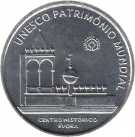 reverse of 5 Euro - A UNESCO World Heritage: Historic City of Evora (2004) coin with KM# 755 from Portugal. Inscription: UNESCO PATRIMONIO MUNDIAL PATRIMONIO MUNDIAL CENTRO HISTORICO ÉVORA