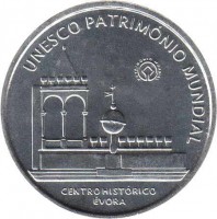 Portugal coin 5 Euro - A UNESCO World Heritage: Historic City of Evora (2004) reverse reverse of 5 Euro - A UNESCO World Heritage: Historic City of Evora (2004) coin with KM# 755 from Portugal. Inscription: UNESCO PATRIMONIO MUNDIAL PATRIMONIO MUNDIAL CENTRO HISTORICO ÉVORA
