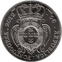 obverse of 5 Euro - Portuguese Numismatic Treasure: A Peca of King John V (2012) coin with KM# 817 from Portugal. Inscription: INCM R. VASQUEZ . 5€ . REPÚBLICA . PORTUGUESA . 2012