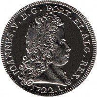 reverse of 5 Euro - Portuguese Numismatic Treasure: A Peca of King John V (2012) coin with KM# 817 from Portugal. Inscription: IOANNES.V. D.G. PORT.ET.ALG.REX. 1722.L.