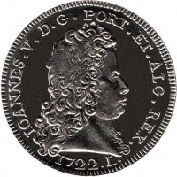 Portugal coin 5 Euro - Portuguese Numismatic Treasure: A Peca of King John V (2012) reverse reverse of 5 Euro - Portuguese Numismatic Treasure: A Peca of King John V (2012) coin with KM# 817 from Portugal. Inscription: IOANNES.V. D.G. PORT.ET.ALG.REX. 1722.L.