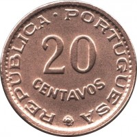 reverse of 20 Centavos (1962) coin with KM# 78 from Angola. Inscription: REPÚBLICA · PORTUGUESA 20 CENTAVOS