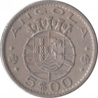 obverse of 5 Escudos (1972 - 1974) coin with KM# 81 from Angola. Inscription: ANGOLA 5$00