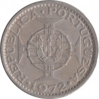 reverse of 5 Escudos (1972 - 1974) coin with KM# 81 from Angola. Inscription: REPÚBLICA · PORTUGUESA 1972