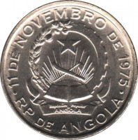 obverse of 50 Lwei (1977 - 1979) coin with KM# 90 from Angola. Inscription: 11 DE NOVEMBRO DE 1975 Republica Popular De ANGOLA RP DE ANGOLA