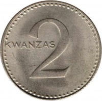 Angola coin 2 Kwanzas (1977) reverse reverse of 2 Kwanzas (1977) coin with KM# 84 from Angola. Inscription: KWANZAS 2