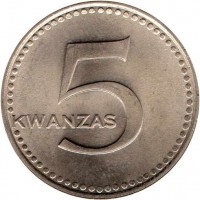 Angola coin 5 Kwanzas (1977) reverse reverse of 5 Kwanzas (1977) coin with KM# 85 from Angola. Inscription: KWANZAS 5