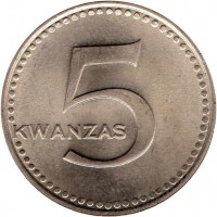 reverse of 5 Kwanzas (1977) coin with KM# 85 from Angola. Inscription: KWANZAS 5