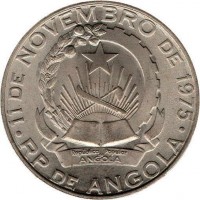 obverse of 10 Kwanzas (1977 - 1978) coin with KM# 86 from Angola. Inscription: · 11 DE NOVEMBRO DE 1975 · Republica Popular De ANGOLA RP DE ANGOLA