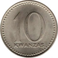 reverse of 10 Kwanzas (1977 - 1978) coin with KM# 86 from Angola. Inscription: 10 KWANZAS