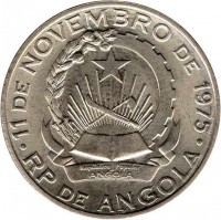Angola coin 20 Kwanzas (1978) obverse obverse of 20 Kwanzas (1978) coin with KM# 87 from Angola. Inscription: 11 DE NOVEMBRO DE 1975 Republica Popular De ANGOLA RP DE ANGOLA