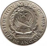 obverse of 20 Kwanzas (1978) coin with KM# 87 from Angola. Inscription: 11 DE NOVEMBRO DE 1975 Republica Popular De ANGOLA RP DE ANGOLA